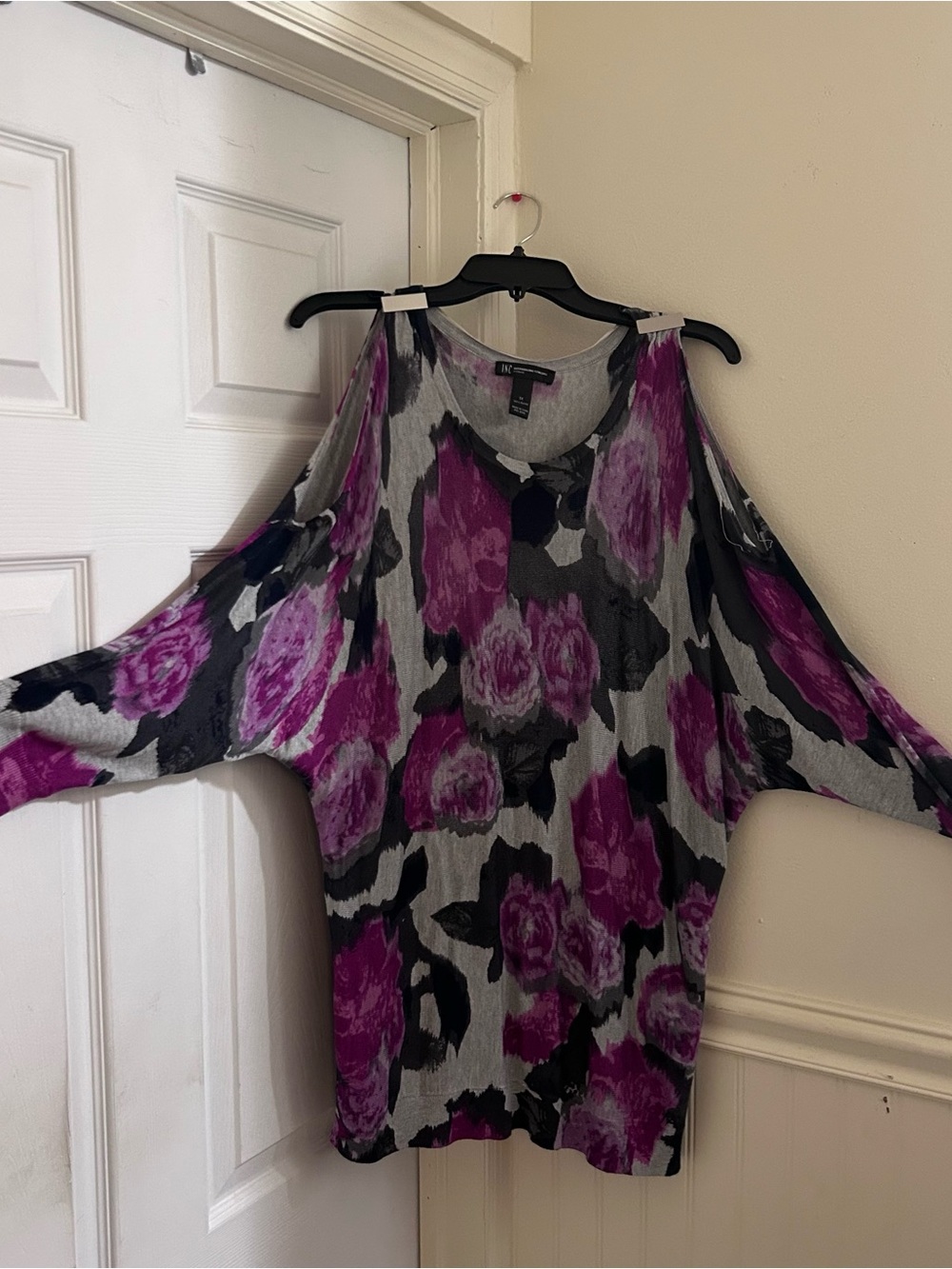 INC International Concepts Scoop Neck Floral Top in Gray, Pink & Black